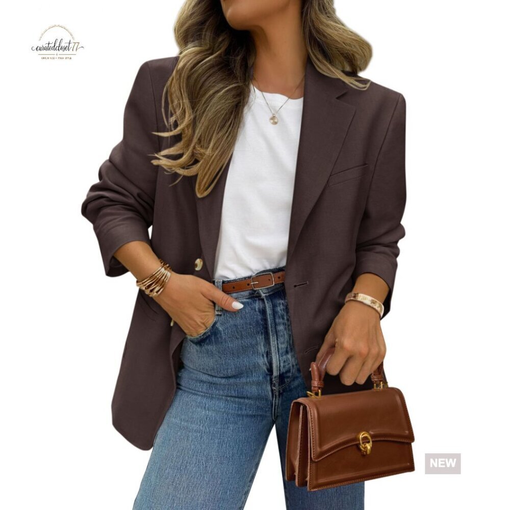 Long Sleeve Open Front Blazer with Pockets, Business Casual Suit Jacket